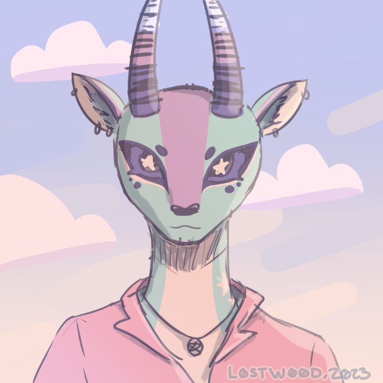 a drawing of Asphodel, a pastel blue gazelle anthro, looking at the viewer.